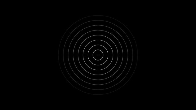 Concentric circular rings expanding from the center in thin white lines against a deep black background representing sound waves or radar pulses
