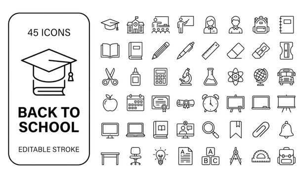 Back to School Line Editable Icon Set, Education, Learning and School Supplies Outline Black and White Vector Illustration