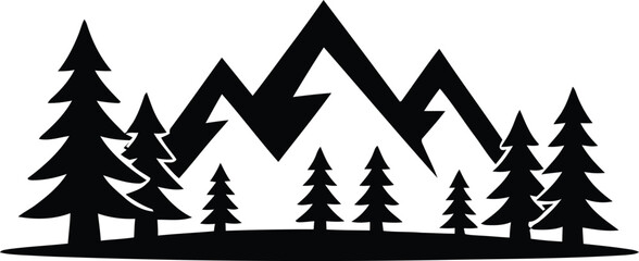 Obraz premium Graphic silhouette of mountain range with pine forest trees black and white landscape design element mountain landscape silhouette outdoors wilderness adventure minimalist illustration