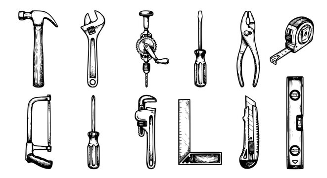 hand tools vector, hammer wrench pliers, black white workshop tools, screwdriver hacksaw level, measuring tape utility knife, carpenter tools line art, vintage tool set, monochrome hardware icons, con