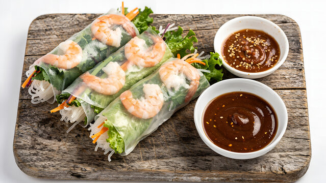 Vietnamese spring rolls (gỏi cuốn), lettuce, shrimp, and rice vermicelli visible through translucent rice paper, served with peanut hoisin dipping sauce, inspired by Tin Eats recipe style