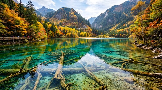 Crystal clear turquoise alpine lake with sunken trees and autumn forest