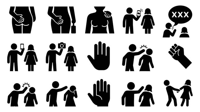 Sexual harassment and safety warning icon collection.