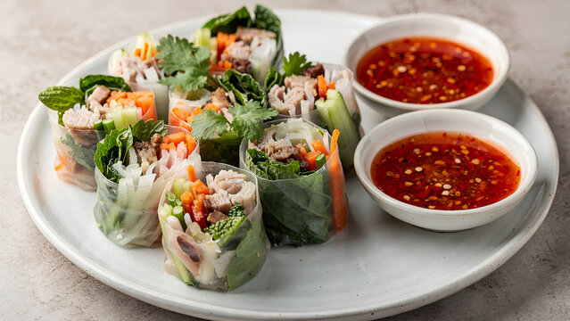 Vietnamese spring rolls on a plate, fresh herbs and dipping sauce, hungry huy style 