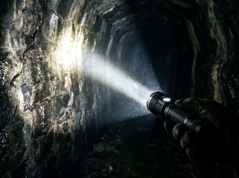 Tactical flashlight illuminating dark underground cave tunnel