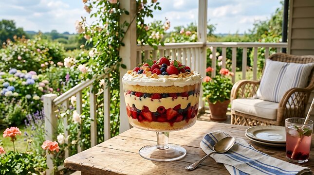 English Summer Berry Trifle on a Garden Veranda