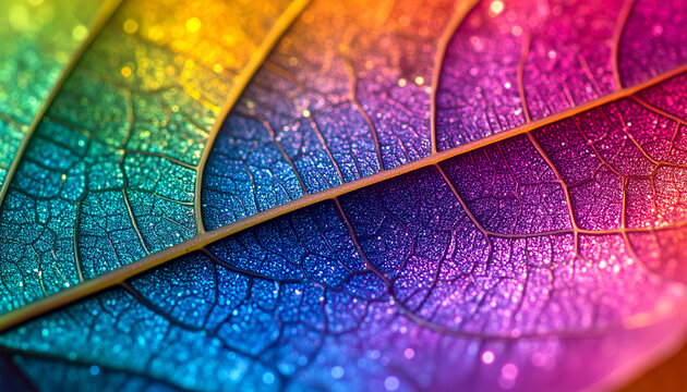 Close-up macro view of a rainbow-colored leaf with glitter