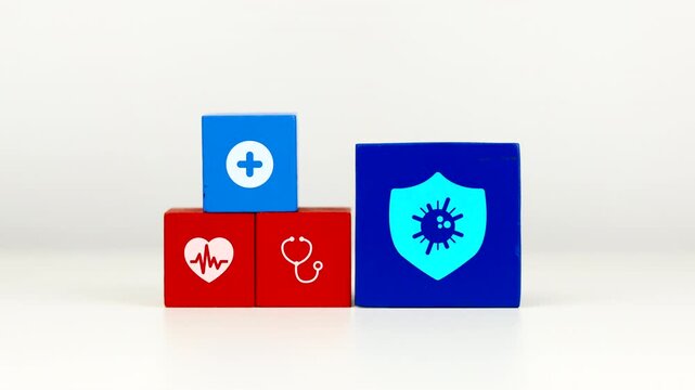 The doctor's hand displays a cube with a virus shield icon. Raising awareness about the body's defenses and preventing the spread of the flu and respiratory infections.