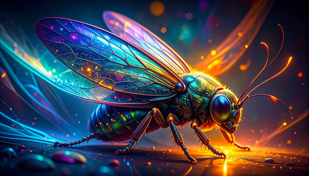 Iridescent insect with luminous wings in abstract neon light