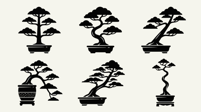 Collection of stylized bonsai trees in pots