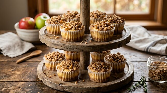 Mini Apple Crumble Cheesecakes on a Rustic Tiered Stand