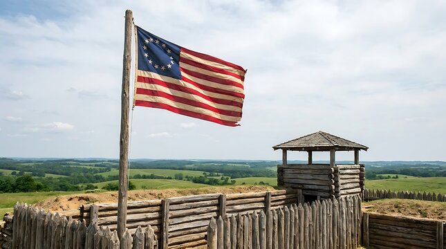 Historical betsy ross american flag waving over a wooden log fort at a sunny outdoor park. 13 colonies flag