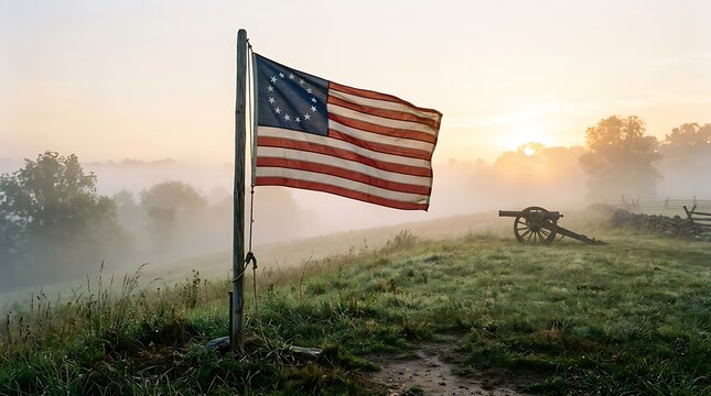 Historical betsy ross american flag waving on a battlefield with a cannon at sunrise. 13 colonies flag