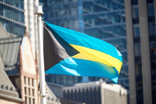 The Bahamian flag on a flagpole at Toronto City Hall&rsquo;s Nathan Phillips Square..