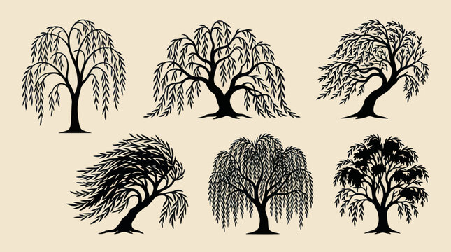 Collection of stylized weeping willow trees