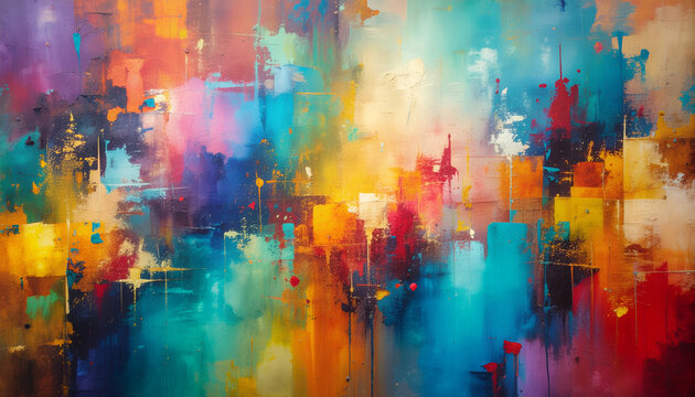 A vibrant abstract painting showcases a dynamic interplay of colors and textures, creating a visually stimulating and emotionally resonant composition.