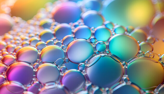 A vibrant, close-up photograph showcases a mesmerizing array of iridescent soap bubbles, creating a colorful and abstract pattern.