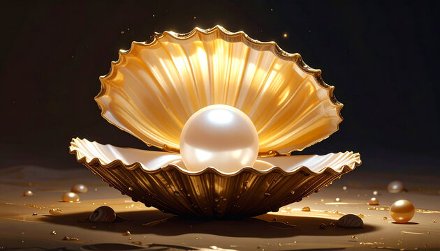 Luxurious golden seashell with a large pearl isolated on black