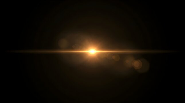 Anamorphic lens flare with golden light leak on black background, cinematic horizontal sun flare, warm glowing optical effects for video overlay