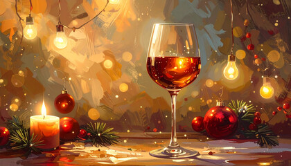 Festive wine glass with Christmas ornaments and glowing lights