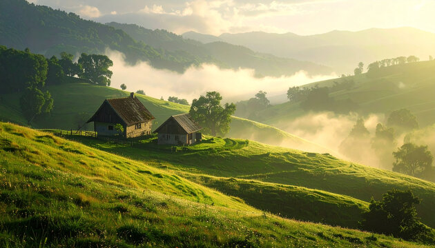 Idyllic countryside houses nestled in rolling misty hills at sunrise