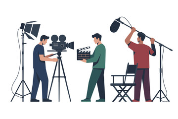 Film production crew with camera, clapperboard, and boom microphone © Foysal