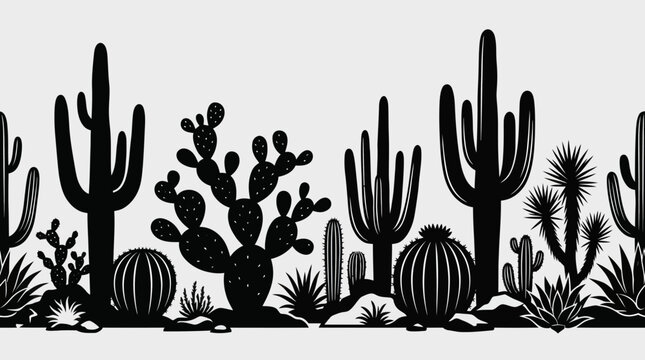 Desert plant silhouettes border pattern