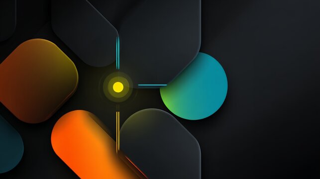 Abstract geometric composition of dark hexagonal shapes with vibrant glowing orange and green circular accents and crosshair light.