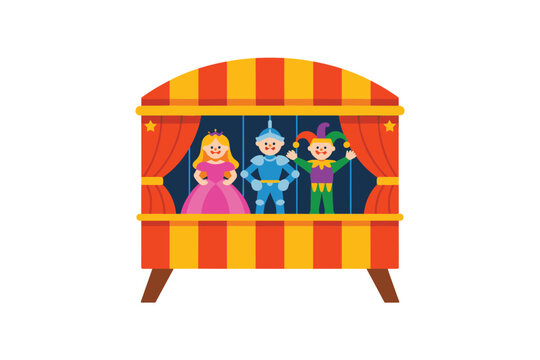 Puppet theater with a princess, a knight and a jester on stage
