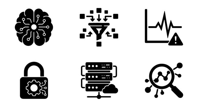 Artificial intelligence and big data icon set, machine learning and data processing vector symbols, cyber security and cloud computing icons