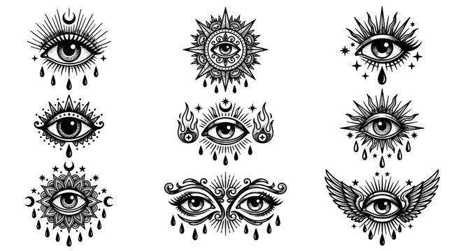 Set of six mystical and artistic eye illustrations with decorative elements and patterns