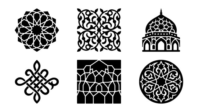 Islamic geometric patterns and mosque icons, set of 6 black ornamental vector elements, traditional arabic motifs for ramadan and eid decoration