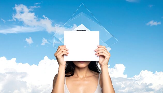 A woman holds a white sheet in front of her face against a blue sky