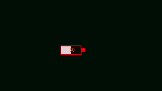 Animation featuring a low battery 1-100% text icon against a black background, ideal for digital and tech-themed projects.4k video