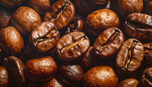 Macro shot of roasted coffee beans filling the frame detailed texture
