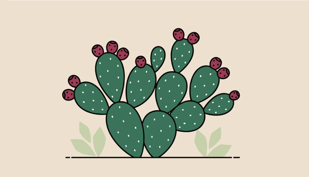 Cartoon illustration of a green prickly pear cactus bearing dark red fruits against a soft sandy or beige desert background.