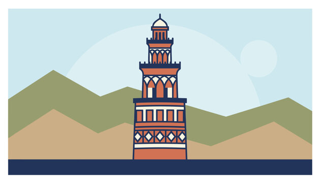 Vector illustration of the historical Malwiya Spiral Minaret of Samarra in Iraq set against a backdrop of mountains and sky.