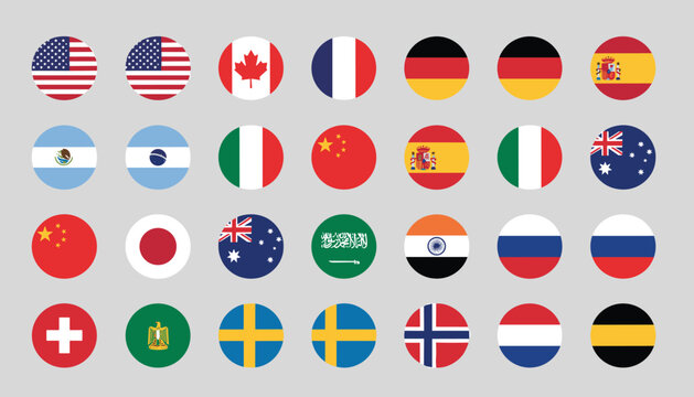 Massive set of twenty-eight circular world flag icons including USA, Canada, France, and Japan on a solid light grey background.