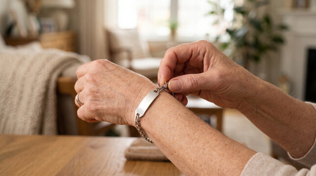 Hands fastening a medical alert bracelet &mdash; patient safety and chronic condition awareness healthcare concept.