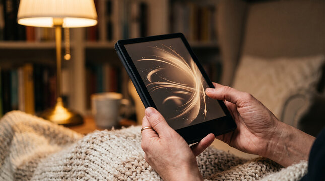 Hands holding an e-reader with a glowing digital page animation &mdash; digital reading and mobile technology lifestyle concept.