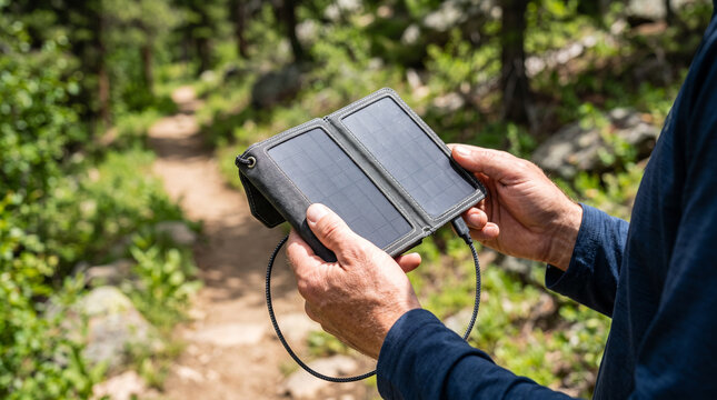 Hands holding a portable solar-powered charger outdoors &mdash; renewable energy and sustainable travel technology concept.