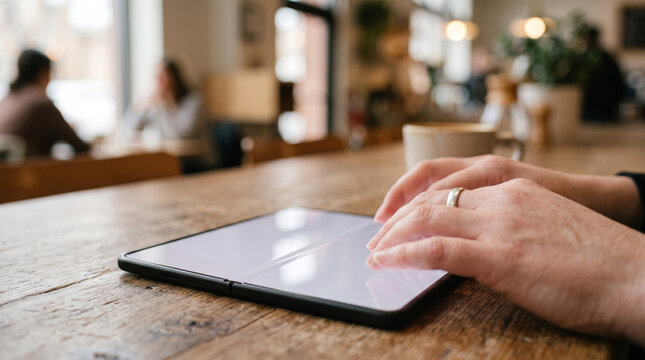Hands typing on a foldable smartphone with a glowing crease &mdash; flexible display and mobile technology innovation concept.