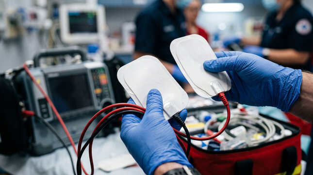 Hands holding defibrillator pads for emergency response &mdash; cardiac care and life-saving medical equipment concept.