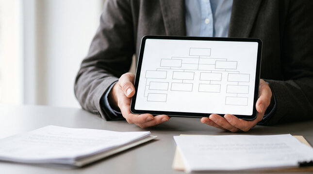 Hands reviewing a blank org chart on a tablet during a merger meeting &mdash; corporate acquisition and business integration concept.