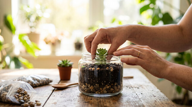 Hands assembling a glass terrarium with succulents &mdash; DIY home decor and indoor gardening hobby concept.