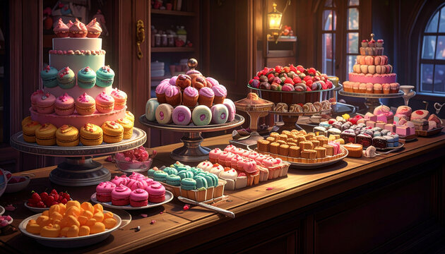 Extravagant tiered cake and assorted pastries displayed on a wooden counter