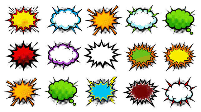Collection of colorful comic style explosion and speech bubble illustrations for design