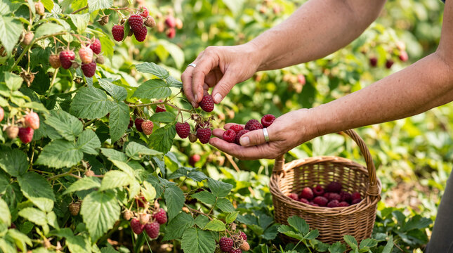 Hands picking fresh berries in a sunny patch &mdash; seasonal fruit harvest and farm-to-table food concept.