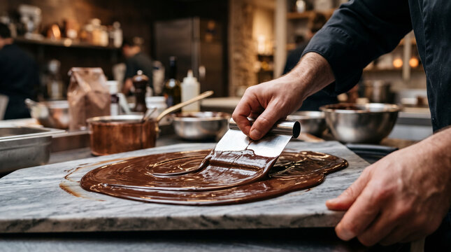 Hands tempering melted chocolate on a marble slab &mdash; artisan chocolatier and confectionery craftsmanship concept.