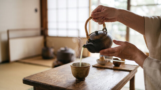 Hands pouring tea during a traditional ceremony &mdash; mindful hospitality and tea culture heritage concept.